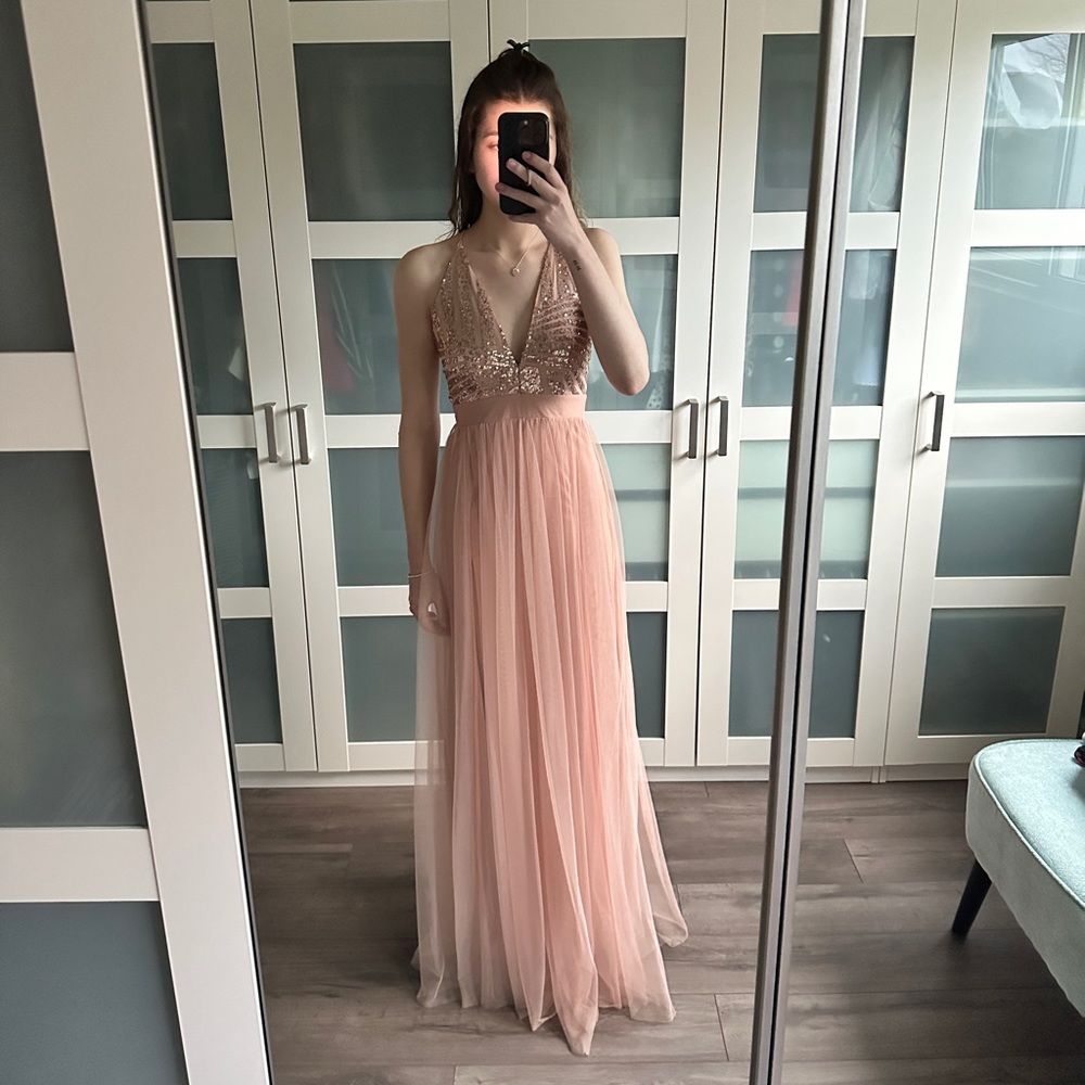 SOLD Blush pink maxi prom formal dress with sequins and tulle